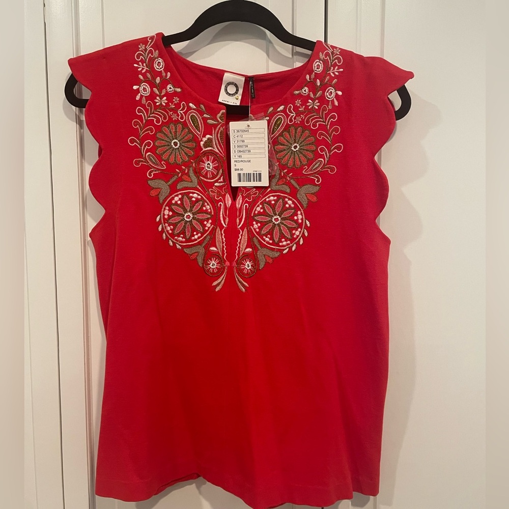 Anthropologie Vibrant Red Sleeveless Embellished Blouse